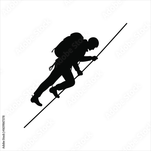 Adventurous hiker with backpack climbing a steep incline using a trekking pole silhouette