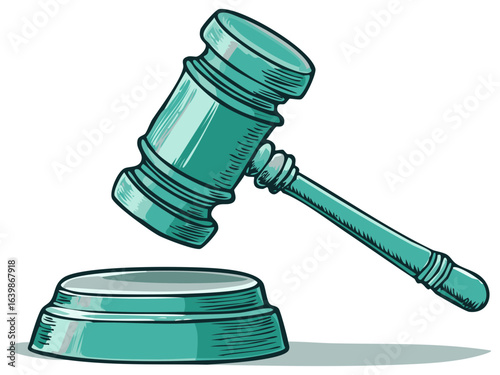 Illustration of a teal gavel with a striking block - court order, symbol of authority, legal matters, and judgment concept