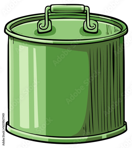 Cartoon Illustration of Green Metal Trash Can with Lid and Handle, Trash Receptacle