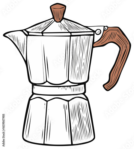 Vintage style moka pot coffee brewer illustration with brown handle and knob