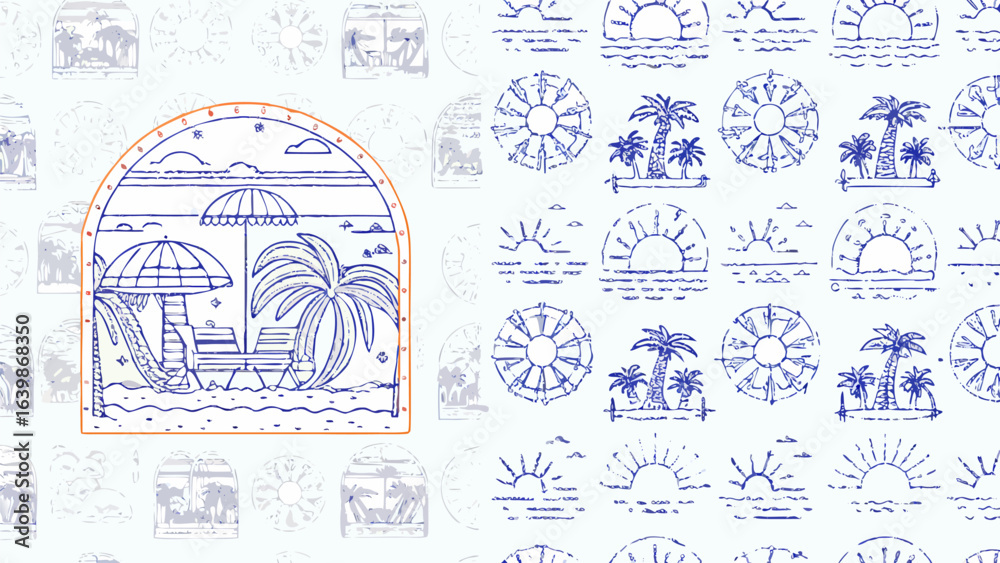 Fototapeta premium Illustration of a beach scene with palm trees, umbrellas, and lounge chairs in a patterned background silhouette