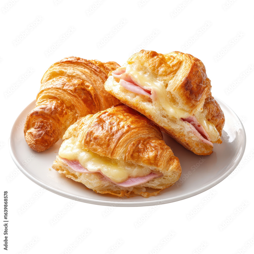 Croissants filled with ham and cheese on a plate ready for breakfast or snack time Croissants filled with ham and cheese on a plate ready for breakfast or snack time