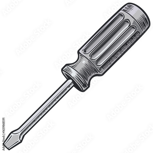 Vintage flathead screwdriver illustration in a classic engraving style
