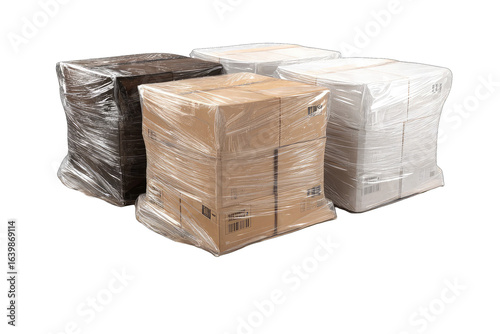 Several cardboard boxes, various colors, wrapped in plastic sheeting on a pallet