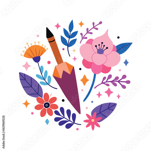 Colorful Floral Illustration with Paintbrush and Leaves