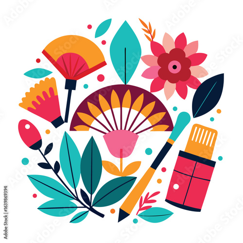 Artistic flat design composition with flowers leaves and makeup items on white background