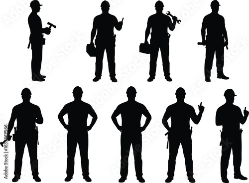 Construction worker silhouettes, professional handyman with tools, builder poses set, tradesman holding equipment vector, contractor clipart, repairman graphic for industrial design