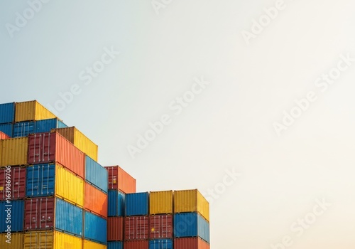 A high-angle view of a stack of red, yellow, and blue shipping containers against a clear sky
