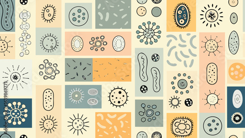 Collection of hand drawn microorganisms and cells in various shapes and sizes on colored rectangular tiles