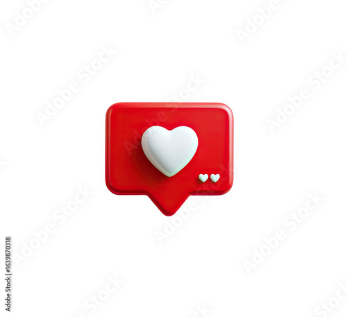 Red social media like/heart icon.  3D rendered, stylized, with a white heart,  two small light teal hearts, and a red speech bubble/notification shape