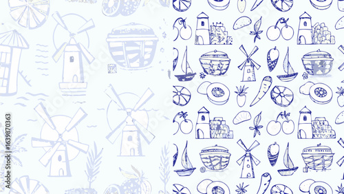 Doodle pattern featuring windmills boats buildings and fruits in a hand drawn style on a white background silhouette