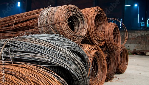 Stacked metal wire coils industrial storage