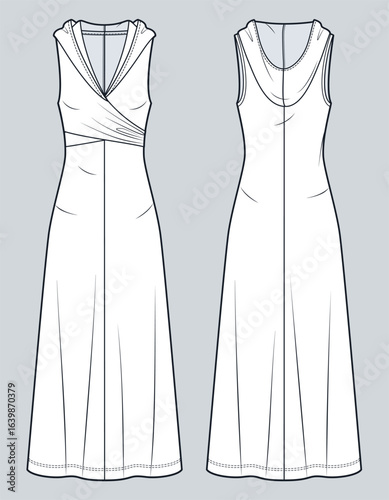 Sleeveless Hooded Dress with Draped Technical Fashion Illustration. Jersey maxi Dress fashion flat technical drawing template, front and back view, white, women CAD mockup.