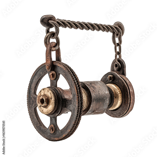 Antique Rusty Metal Pulley Gear Chain Mechanism isolated on transparent background cutout