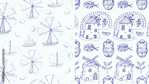 Hand drawn pattern featuring windmills boats and mediterranean elements in blue and white color palette silhouette