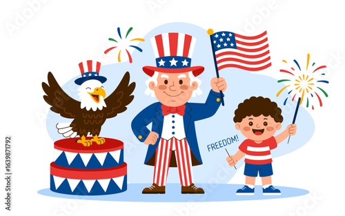 Patriotic celebration with eagle uncle sam and boy american flag