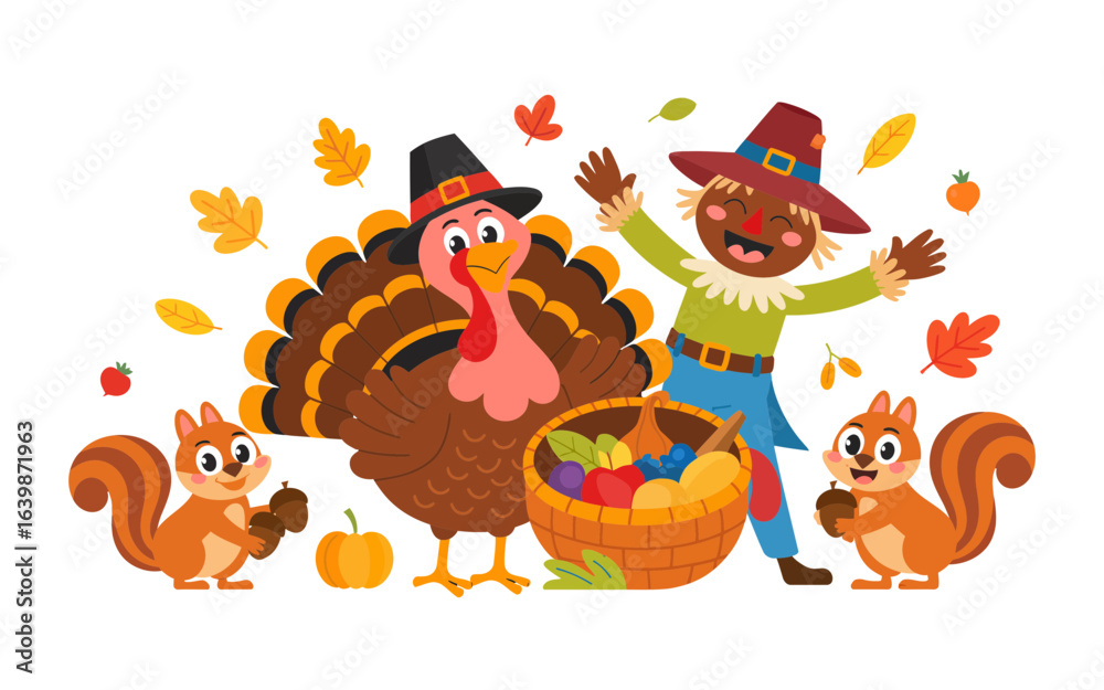 Obraz premium Thanksgiving turkey scarecrow squirrels and harvest basket vector