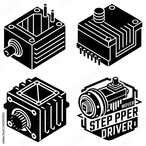 Isometric view of four distinct black and white mechanical components in a structured arrangement