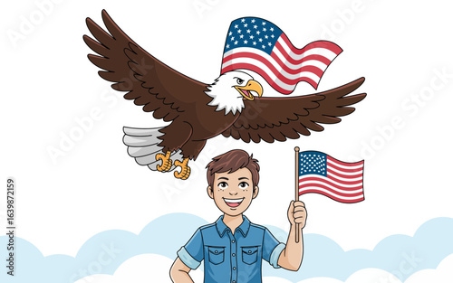 Boy holding American flag with eagle above patriotic