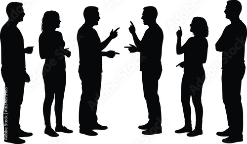 Silhouette of six people standing and pointing fingers at each other, engaged in lively discussion or debate, isolated white background