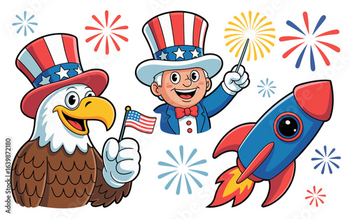 Patriotic eagle uncle sam rocket fireworks vector