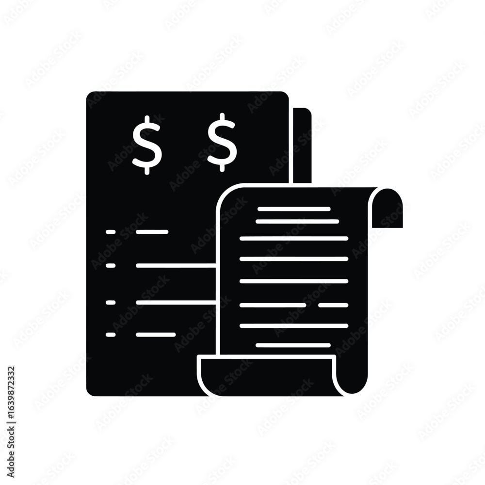 Black and white icon of two financial documents with dollar signs Black and white icon of two financial documents with dollar signs
