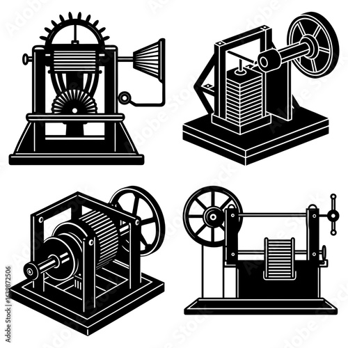 Illustration of four different vintage machines with gears and wheels on a white background vector