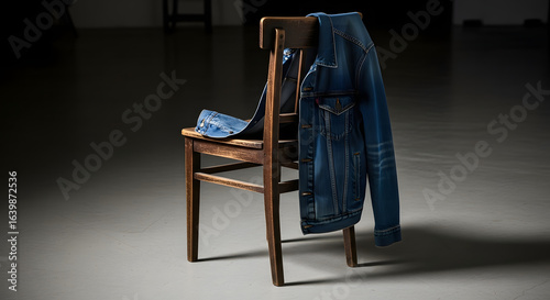 A timeless blue denim jacket casually draped over a simple wooden chair. A quiet and minimalist fashion still life.