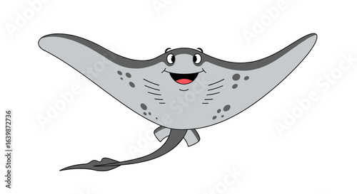Cheerful cartoon manta ray with large wings swimming gracefully under the sea