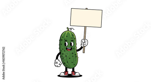 Cartoon pickle character holding a blank sign for your custom message