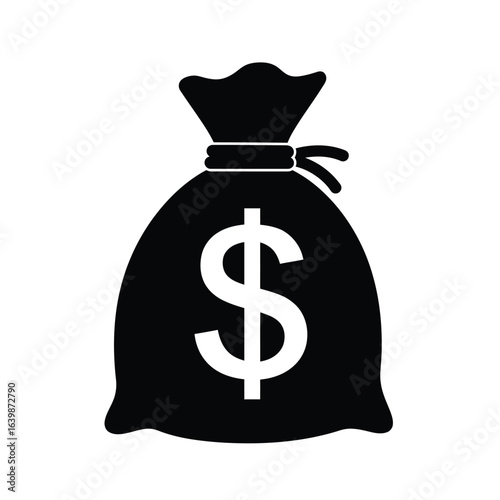 Black and white icon of a money bag with a dollar sign