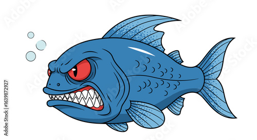 Fierce blue piranha fish with sharp teeth and red angry eyes swimming in water emitting bubbles