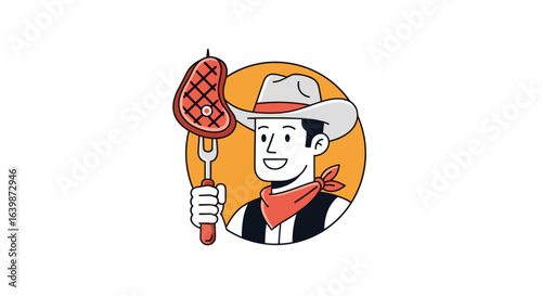 Illustrative cowboy character holding a perfectly grilled steak on a fork for a barbecue celebration