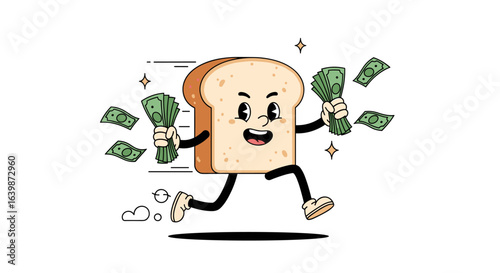Cartoon slice of bread character running with bunches of money in a humorous energetic style