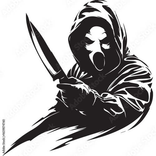 Midnight Stalker: A menacing figure, shrouded in a dark cloak and holding a menacing knife, stares intently, evoking fear and suspense. A chilling depiction of a masked killer.