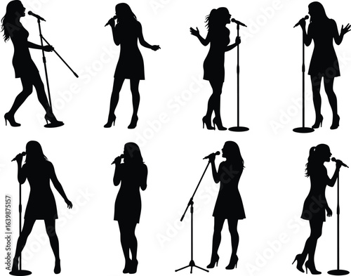 Silhouettes of female singers performing with microphones and stands, expressive poses, isolated on white background