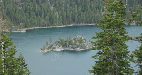 This is a closeup Shot of Fannette Island in Emerald Bay at Tahoe Lake