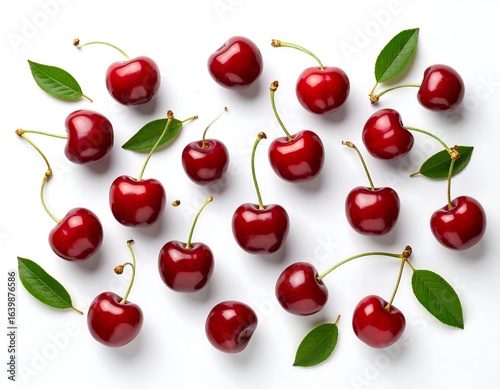 Fresh cherries arranged in a symmetrical pattern on a white background.