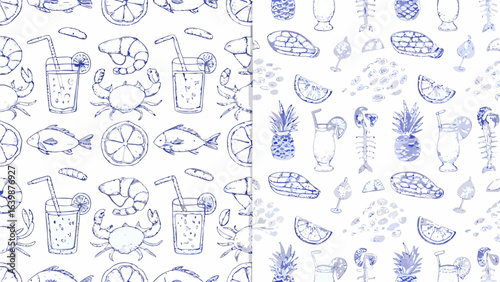 Seamless vector pattern featuring seafood elements drinks and fruits in a blue and white color scheme design silhouette
