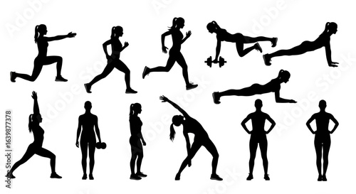 Capturing dynamic female fitness silhouettes demonstrating diverse exercises like lunges, running, weightlifting, and core strength for a healthy lifestyle promotion