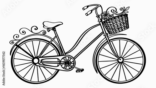 Illustration of a vintage bicycle with a basket and decorative elements in black and white line art