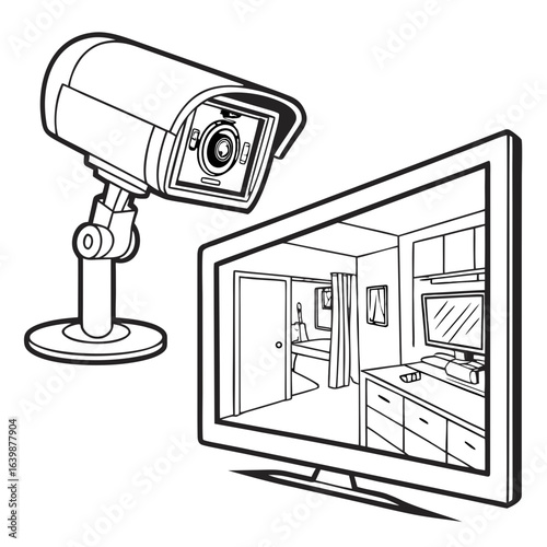 Security camera monitoring a room displayed on a television screen in a simple line drawing style