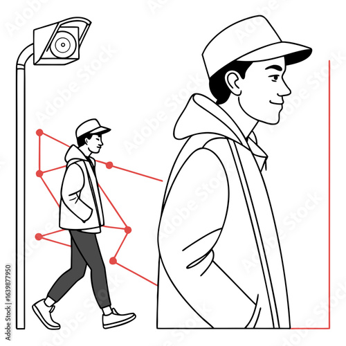 Abstract representation of a person walking with a connected network of red lines and dots
