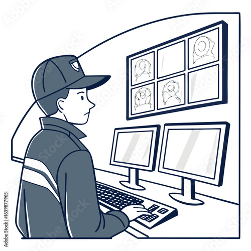 Technician wearing a cap monitors medical scans on multiple computer screens in a dark control room