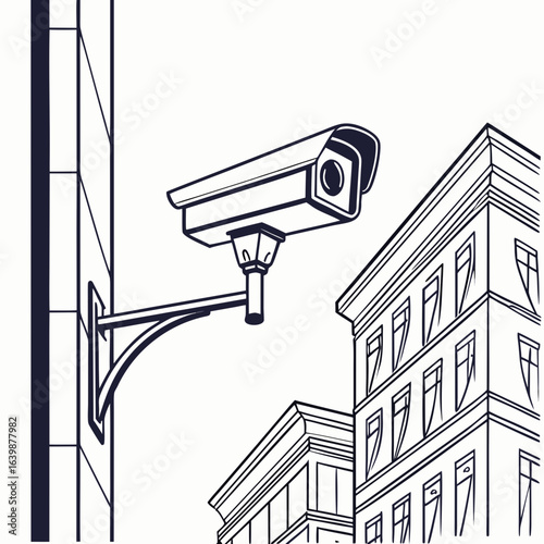 Modern security camera mounted on a building facade overlooking city architecture