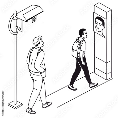 People walking past a security camera and a digital display showing a face
