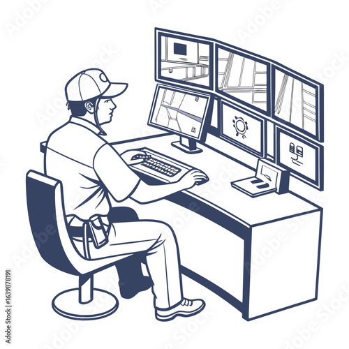 Security guard monitoring multiple screens at a computer workstation in a control room