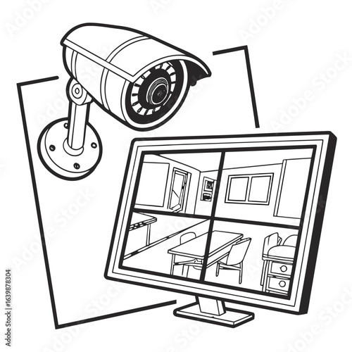 Security camera monitoring multiple rooms on a computer screen with a surveillance system concept