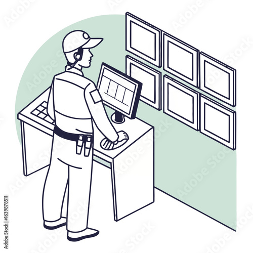 Security guard monitoring multiple screens from a control room desk with a computer and surveillance cameras