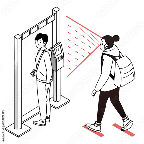 Person walks through a security checkpoint with facial recognition technology scanning them